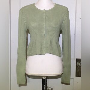 Free People Light Sage Green Ribbed Button-Up Cotton Flared Hem Cardigan